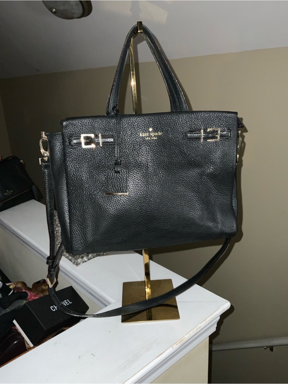 kate spade Black Pebbled Leather Satchel with Gold Hardware
